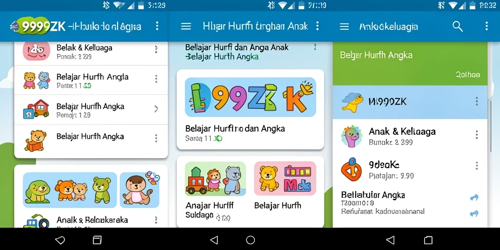Antarmuka aplikasi 999ZK untuk belajar huruf dan angka yang menarik.