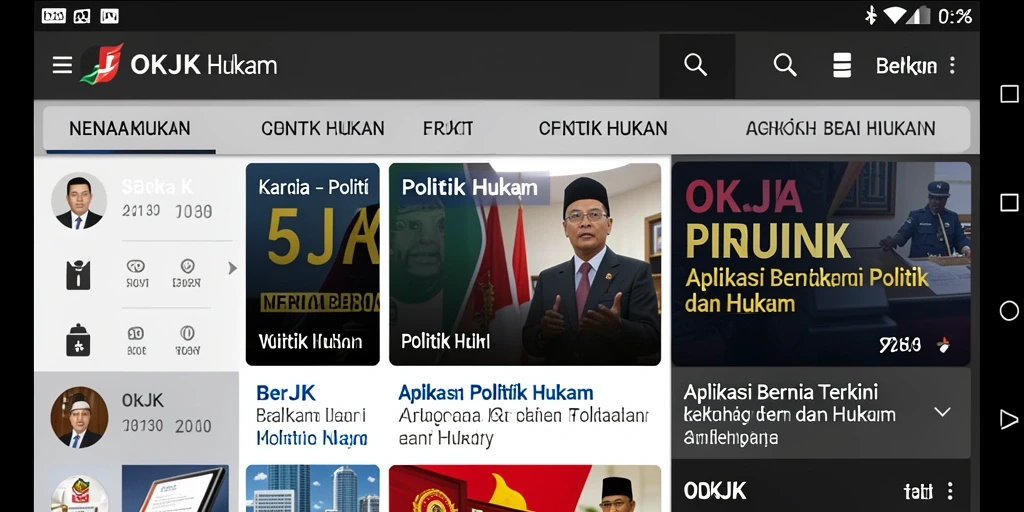 Screenshot antarmuka aplikasi OKJK yang menampilkan berita terkini politik hukum.